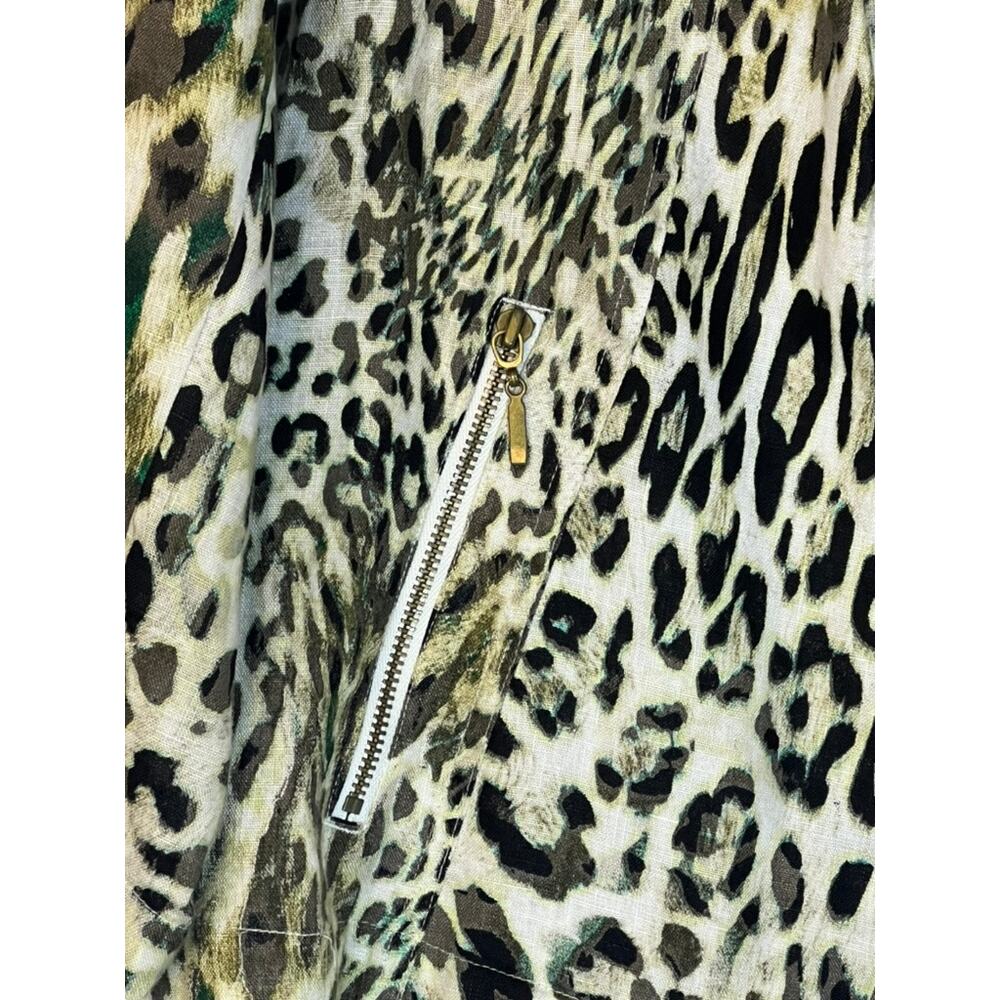 Chico's Animal Print 100% Linen Zipper Pockets Moto Open Blazer Size 2 - Picture 5 of 9